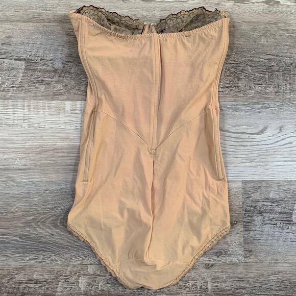 Vintage Sheer Mesh Bodysuit Peach Lace Floral Embroidery Strapless Shapewear - Picture 4 of 6